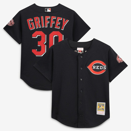 Ken Griffey Jr. Cincinnati Reds Mitchell & Ness Cooperstown Collection Mesh Batting Practice Button-Up Jersey - Black | MLB Jerseys