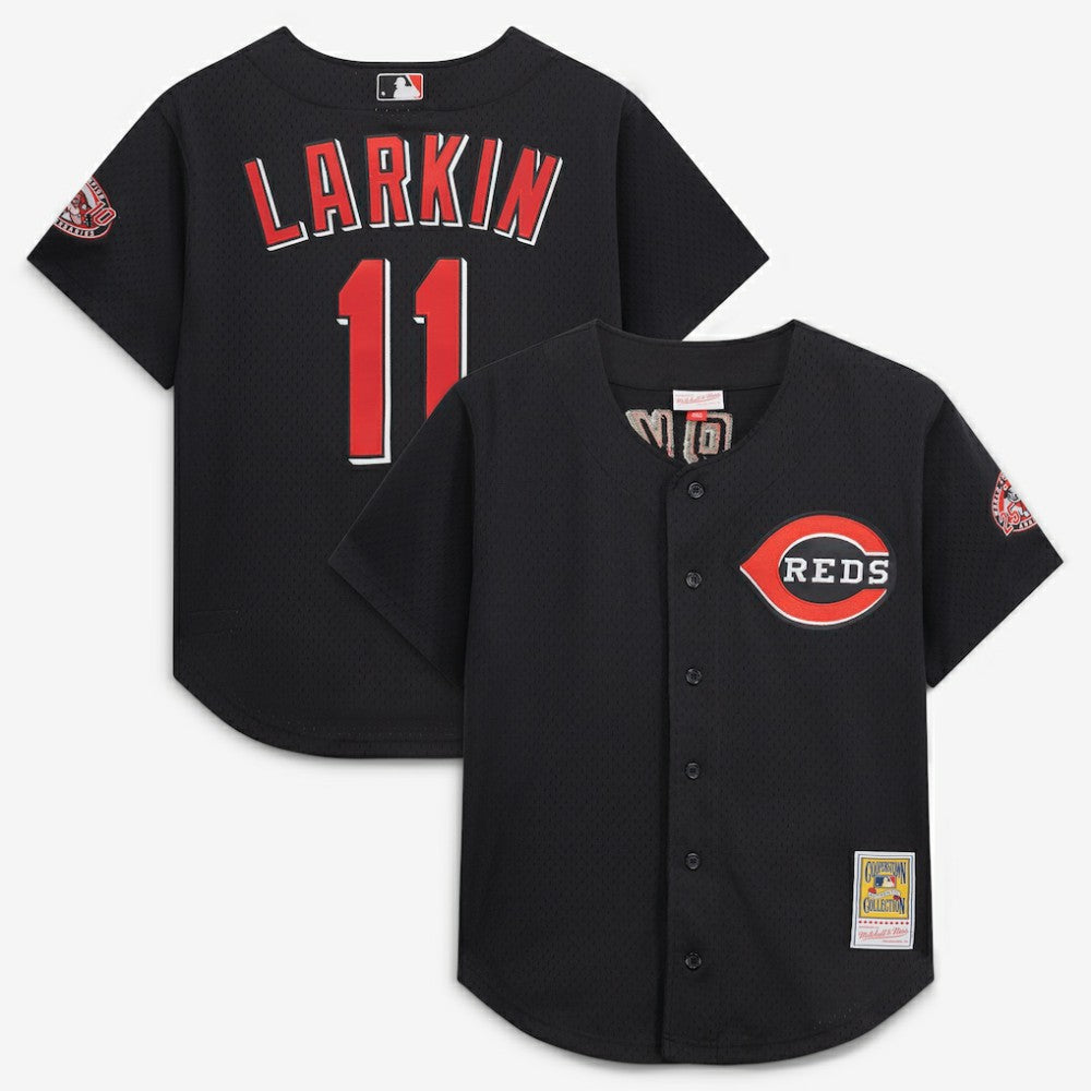 Barry Larkin Cincinnati Reds Mitchell & Ness Cooperstown Collection Mesh Batting Practice Button-Up Jersey - Black | MLB Jerseys