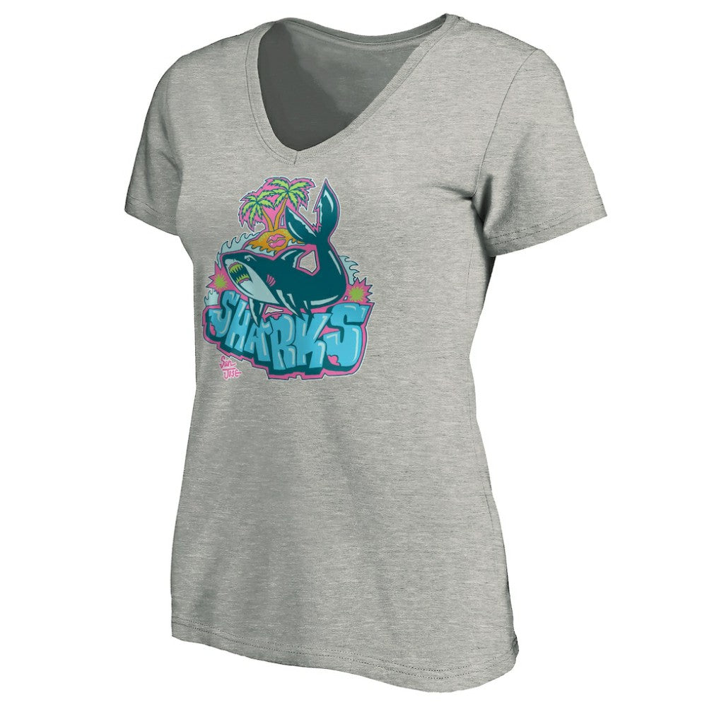 San Jose Sharks - Women's Graffiti Shark V-Neck T-Shirt Heather Gray