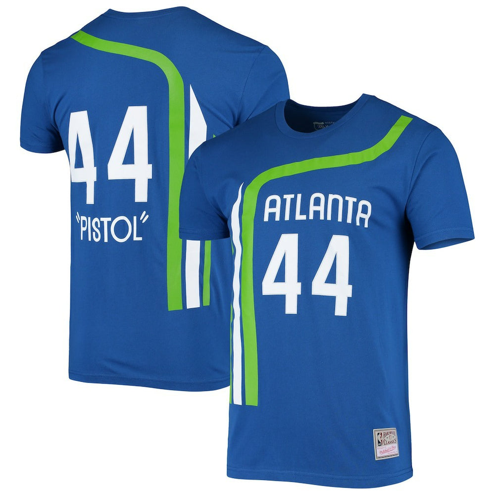 Mitchell & Ness - Pete Maravich Atlanta Hawks Hardwood Classics Stitch Name & Number T-Shirt - Blue