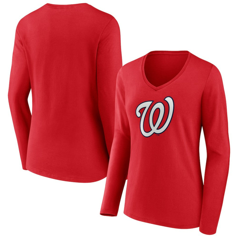 Washington Nationals Women's Official Logo Long Sleeve V-Neck T-Shirt On Sale