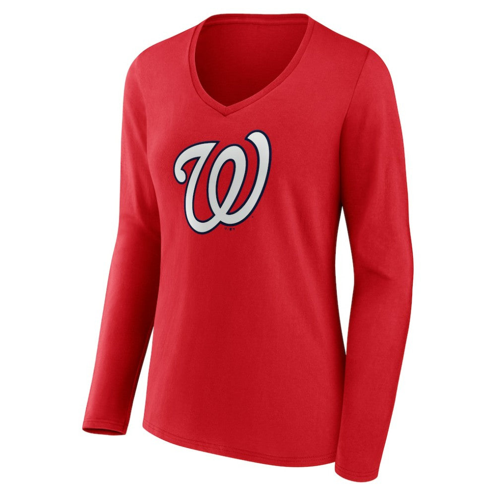 Washington Nationals Women's Official Logo Long Sleeve V-Neck T-Shirt On Sale