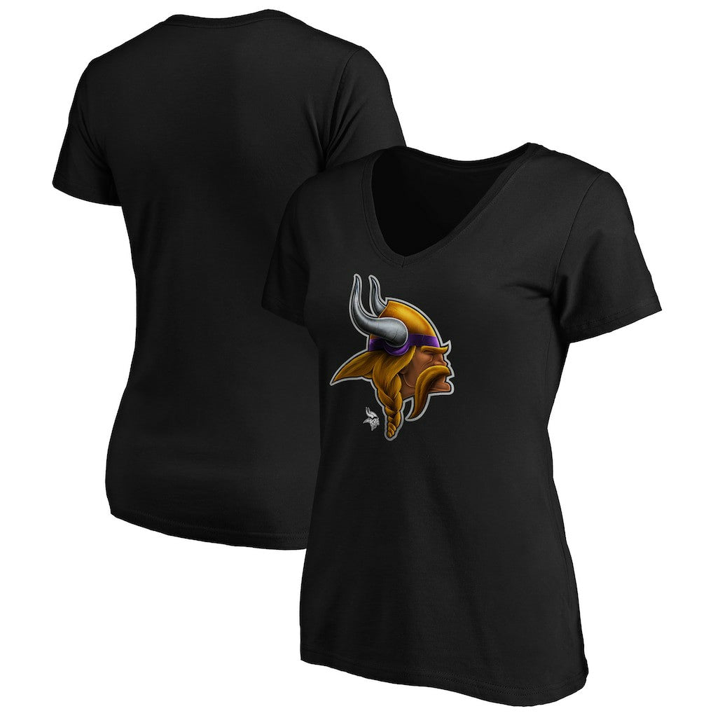 Minnesota Vikings Women's Midnight Mascot Logo V-Neck T-Shirt Black - NFL