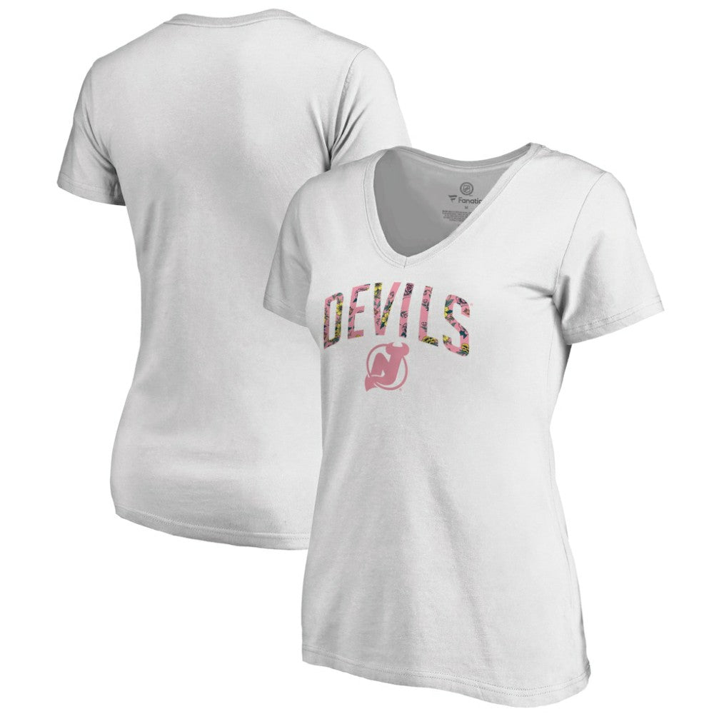 New Jersey Devils - Women's Floral Arched V-Neck T-Shirt White