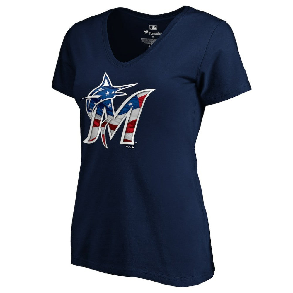 Miami Marlins Logo Women's Banner Wave V-Neck T-Shirt Lifestyle