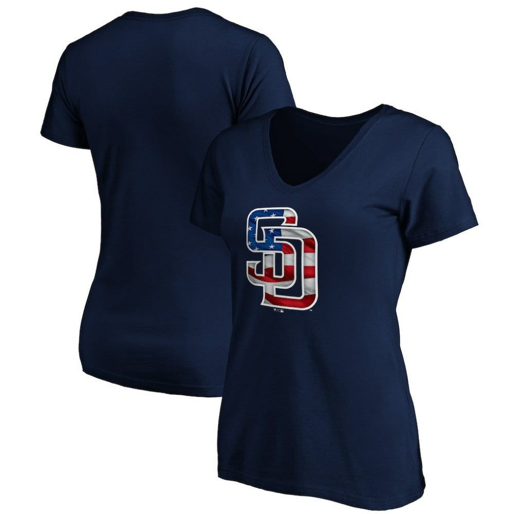 San Diego Padres Logo Women's Banner Wave V-Neck T-Shirt Clearance