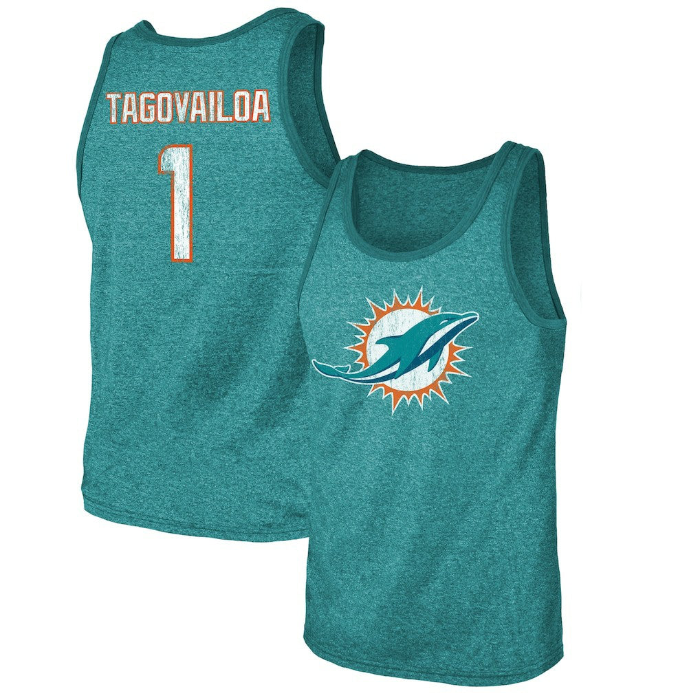 Tua Tagovailoa Miami Dolphins Majestic Threads Name & Number Tri-Blend Tank Top Aqua - NFL