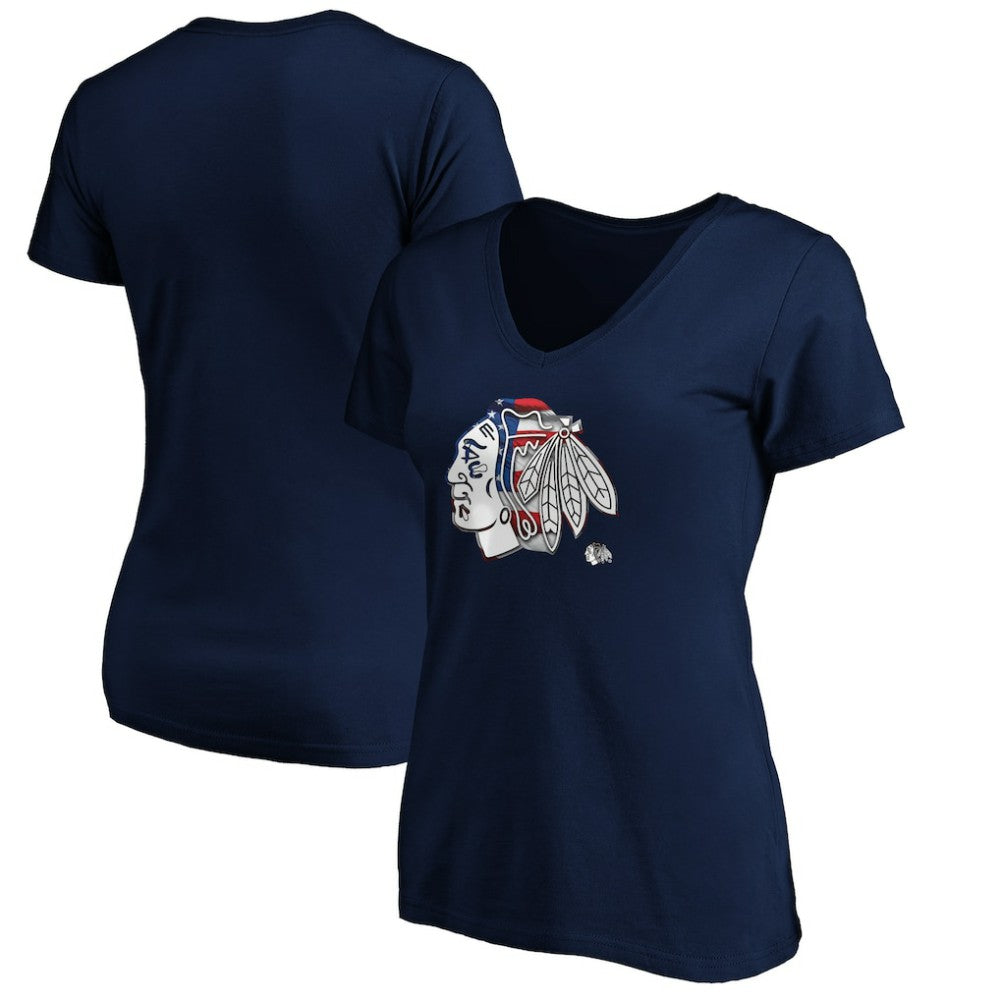 Chicago Blackhawks Women's Banner Wave Logo V-Neck T-Shirt T-Shirt Navy
