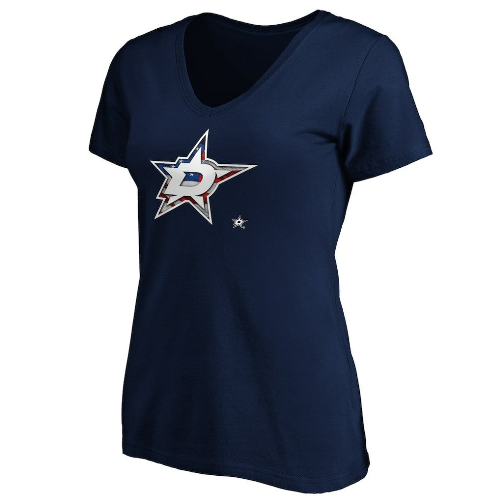 Dallas Stars - Women's Banner Wave Logo V-Neck T-Shirt T-Shirt Navy