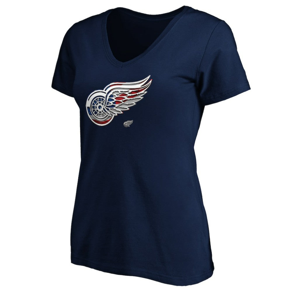 Detroit Red Wings - Women's Banner Wave Logo V-Neck T-Shirt T-Shirt Navy