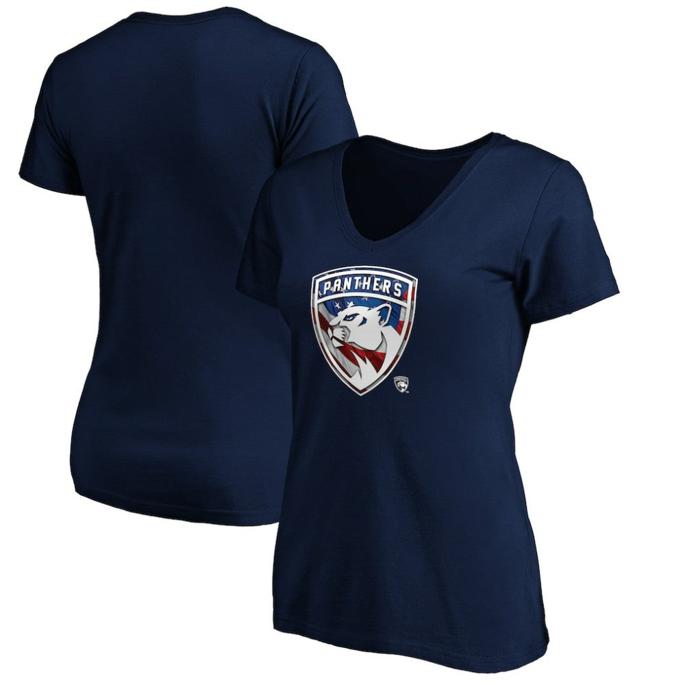 Florida Panthers - Women's Banner Wave Logo V-Neck T-Shirt T-Shirt Navy