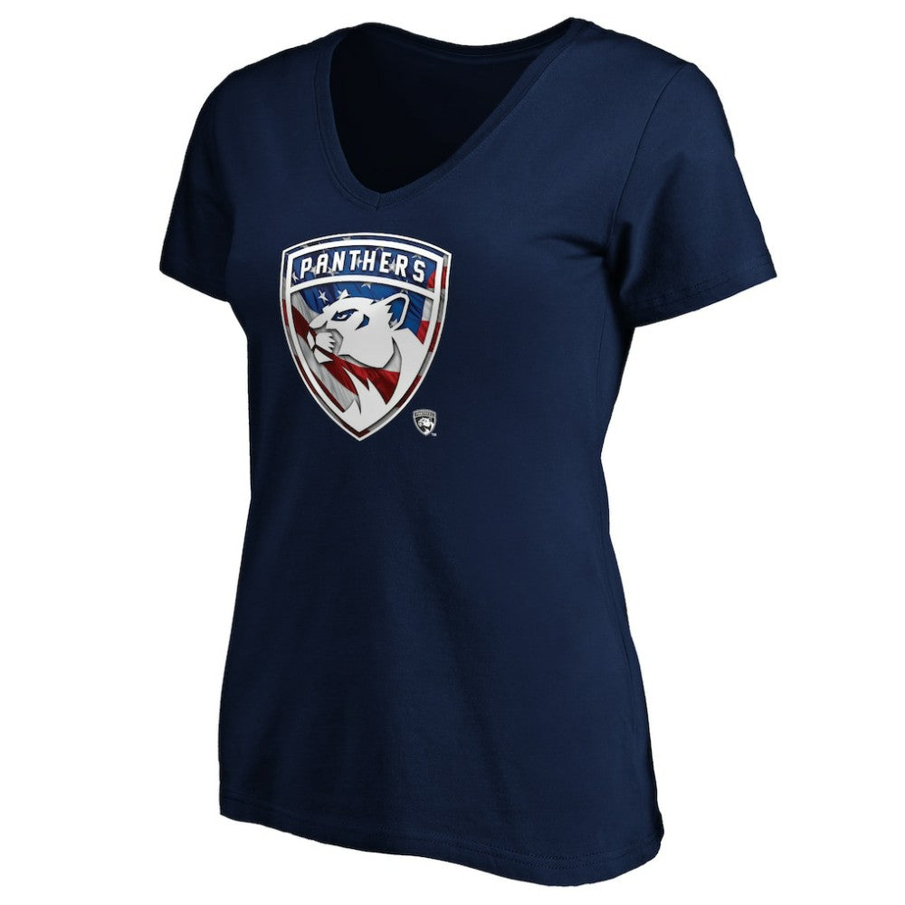 Florida Panthers - Women's Banner Wave Logo V-Neck T-Shirt T-Shirt Navy