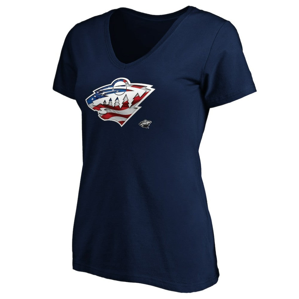 Minnesota Wild - Women's Banner Wave Logo V-Neck T-Shirt T-Shirt Navy