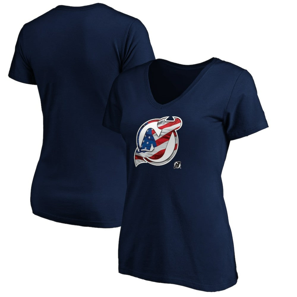 New Jersey Devils - Women's Banner Wave Logo V-Neck T-Shirt T-Shirt Navy