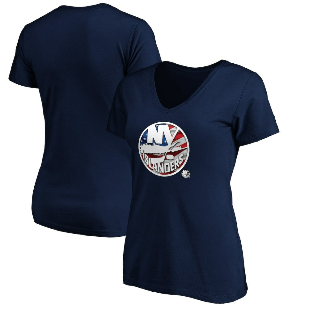 New York Islanders - Women's Banner Wave Logo V-Neck T-Shirt T-Shirt Navy