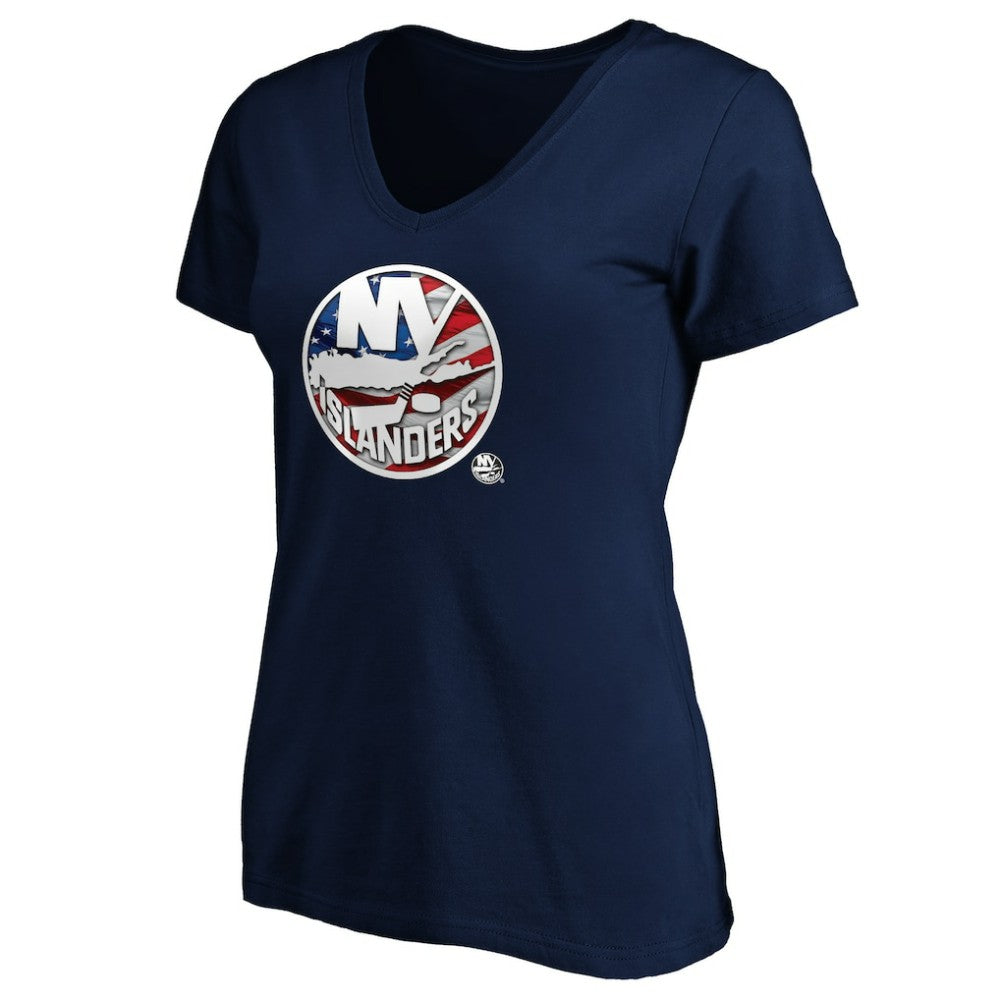 New York Islanders - Women's Banner Wave Logo V-Neck T-Shirt T-Shirt Navy