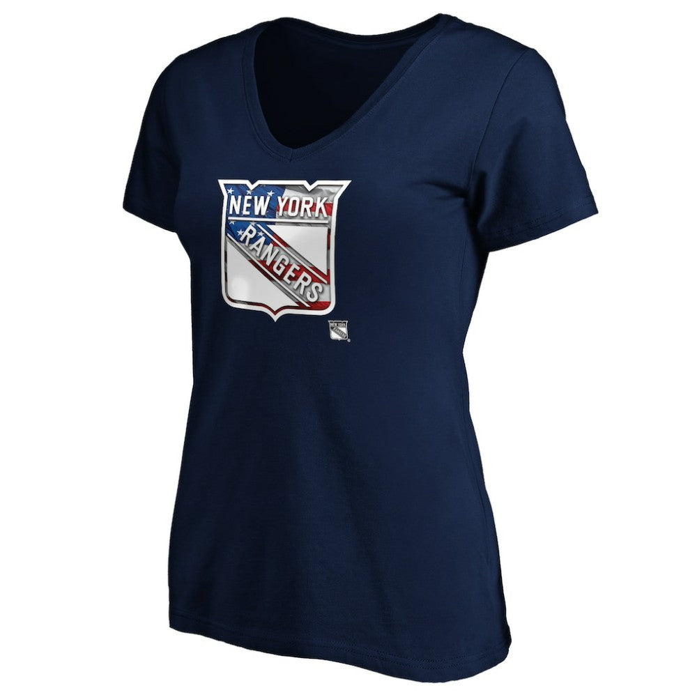 New York Rangers Women's Banner Wave Logo V-Neck T-Shirt T-Shirt Navy