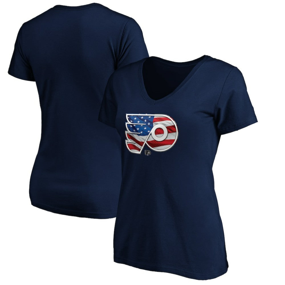 Philadelphia Flyers - Women's Banner Wave Logo V-Neck T-Shirt T-Shirt Navy