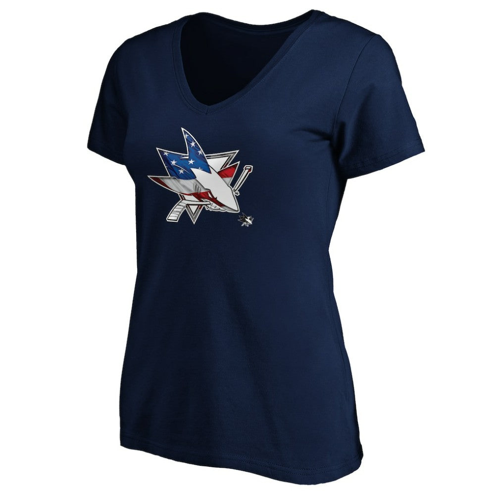 San Jose Sharks - Women's Banner Wave Logo V-Neck T-Shirt T-Shirt Navy