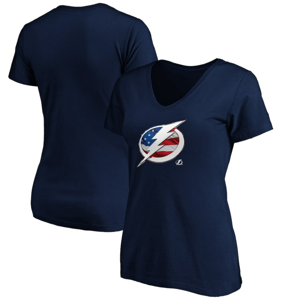 Tampa Bay Lightning - Women's Banner Wave Logo V-Neck T-Shirt T-Shirt Navy