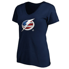 Tampa Bay Lightning - Women's Banner Wave Logo V-Neck T-Shirt T-Shirt Navy