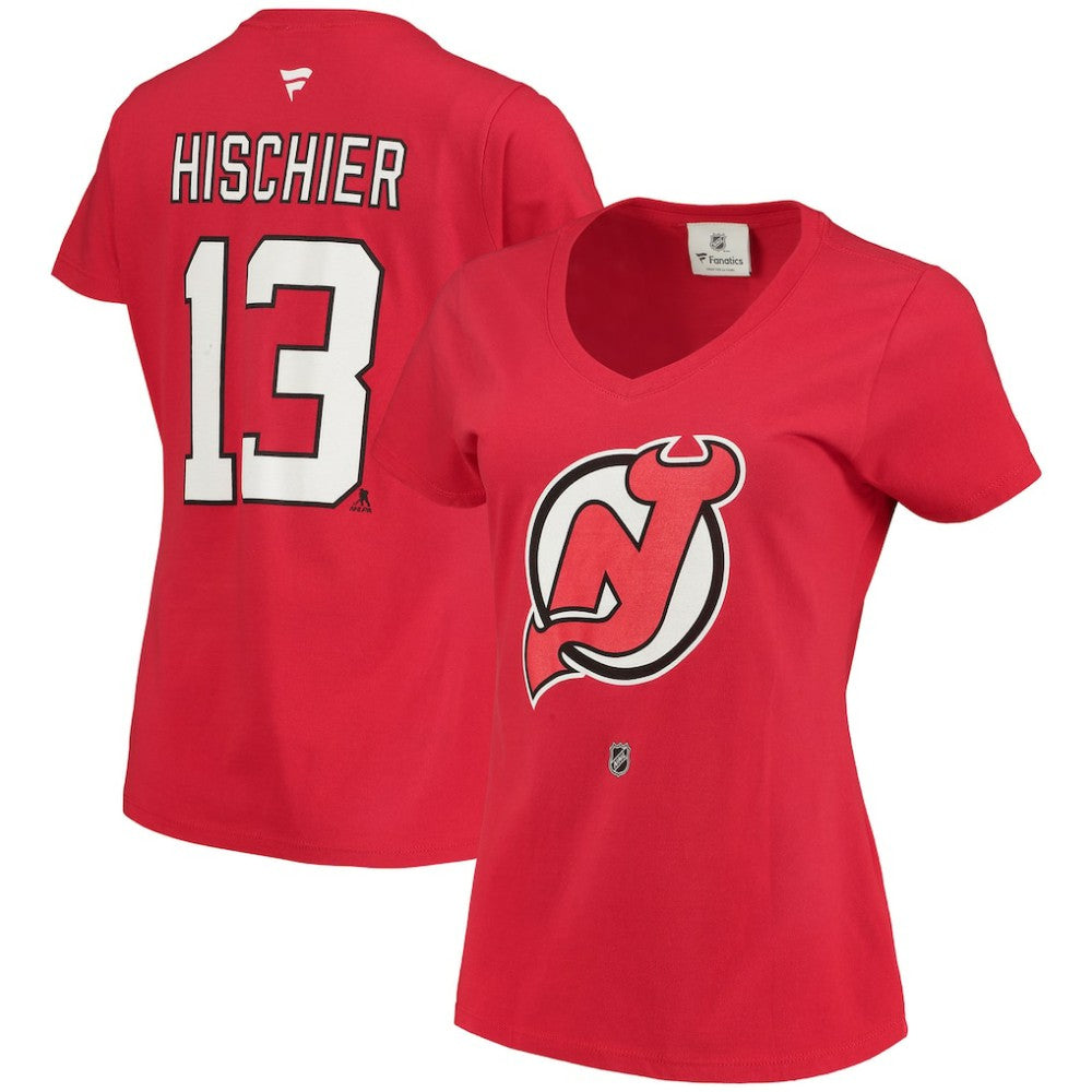 Nico Hischier New Jersey Devils - Fanatics Women's Name & Number Logo V-Neck T-Shirt Red