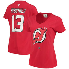Nico Hischier New Jersey Devils - Fanatics Women's Name & Number Logo V-Neck T-Shirt Red