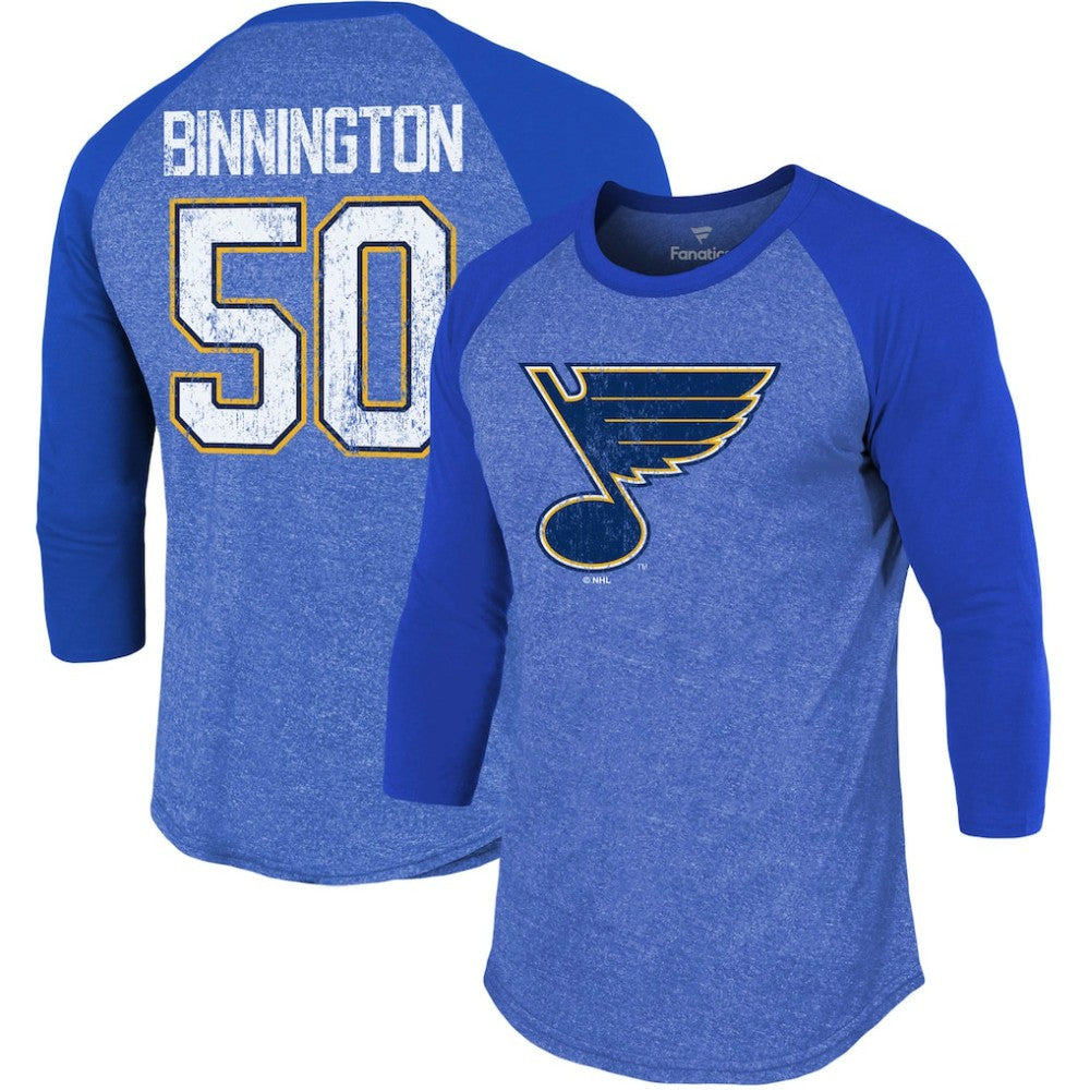 Jordan Binnington St. Louis Blues - Fanatics Name & Number Tri-Blend Raglan 3/4-Sleeve T-Shirt Blue