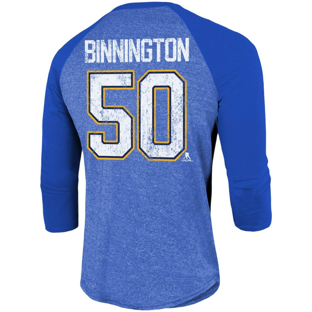 Jordan Binnington St. Louis Blues - Fanatics Name & Number Tri-Blend Raglan 3/4-Sleeve T-Shirt Blue