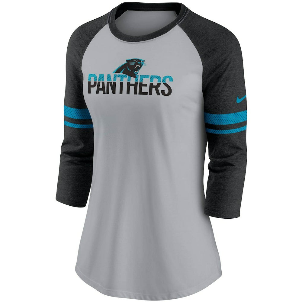 Carolina Panthers Women's Stripe Mesh Nickname Tri-Blend 3/4-Sleeve T-Shirt Heathered Gray/Black - Nike