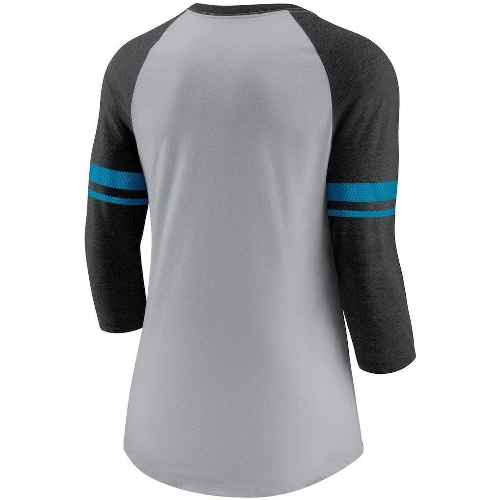 Carolina Panthers Women's Stripe Mesh Nickname Tri-Blend 3/4-Sleeve T-Shirt Heathered Gray/Black - Nike