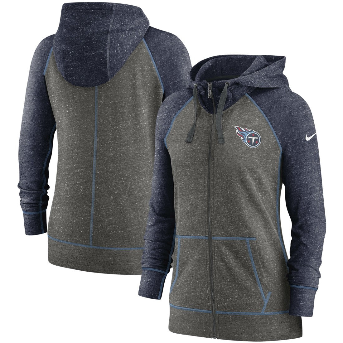 Tennessee Titans Women's Gym Vintage Raglan Full-Zip Hoodie Heathered Charcoal/Navy - Nike