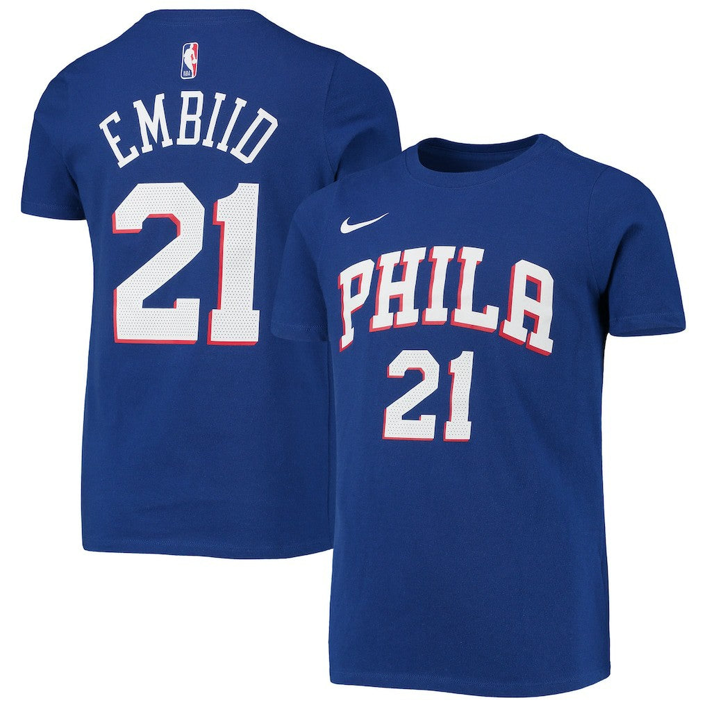 Nike - Joel Embiid Philadelphia 76ers Youth Logo Name & Number Performance T-Shirt - Royal