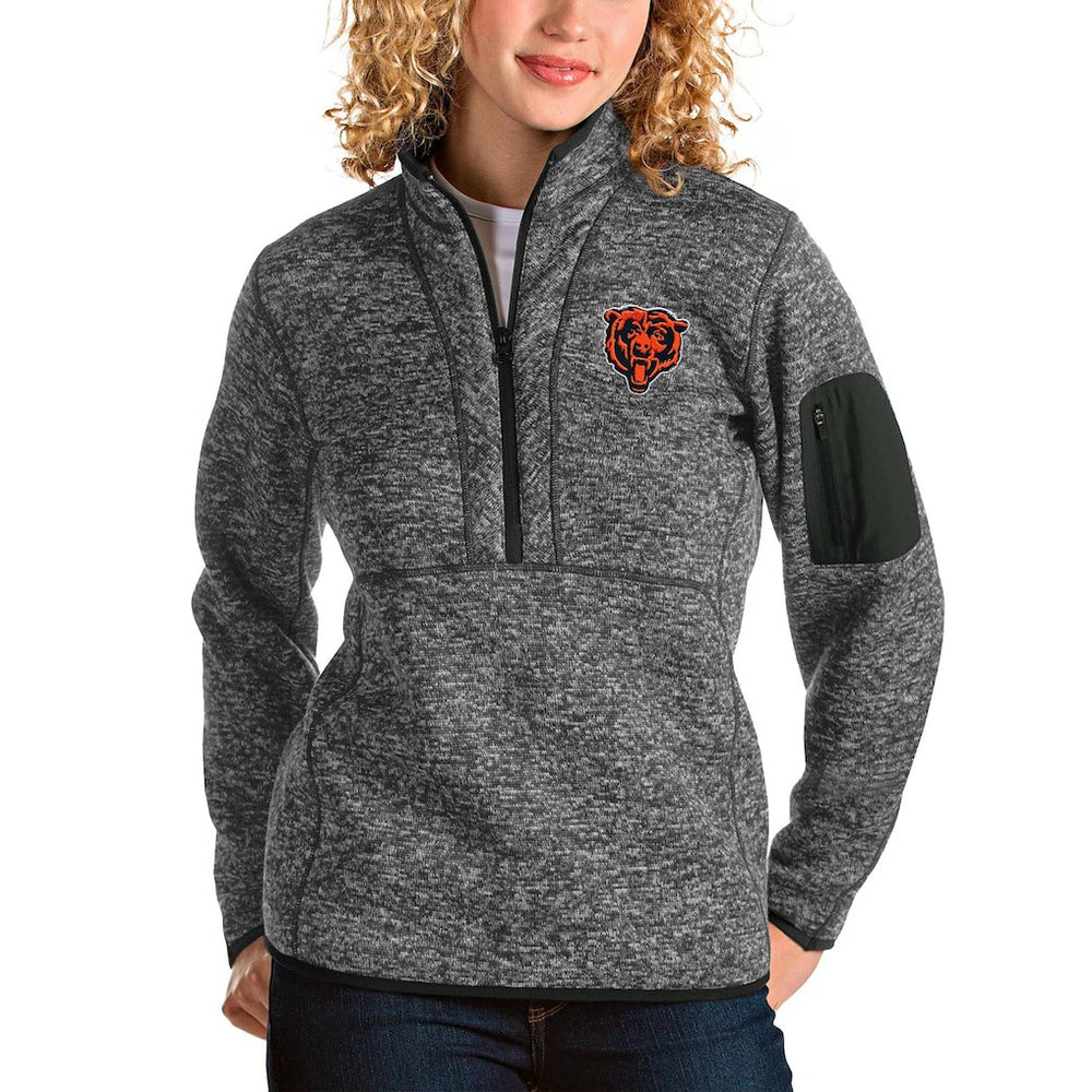 Chicago Bears Antigua Women's Bear Head Fortune Half-Zip Pullover Jacket Heather Charcoal - NFL