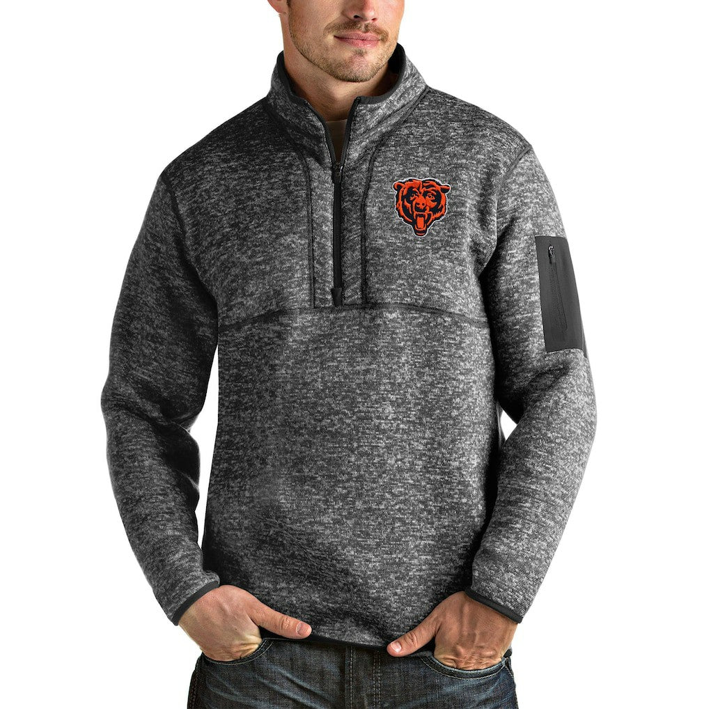 Chicago Bears Antigua Bear Head Fortune Quarter-Zip Pullover Jacket Heathered Charcoal - NFL