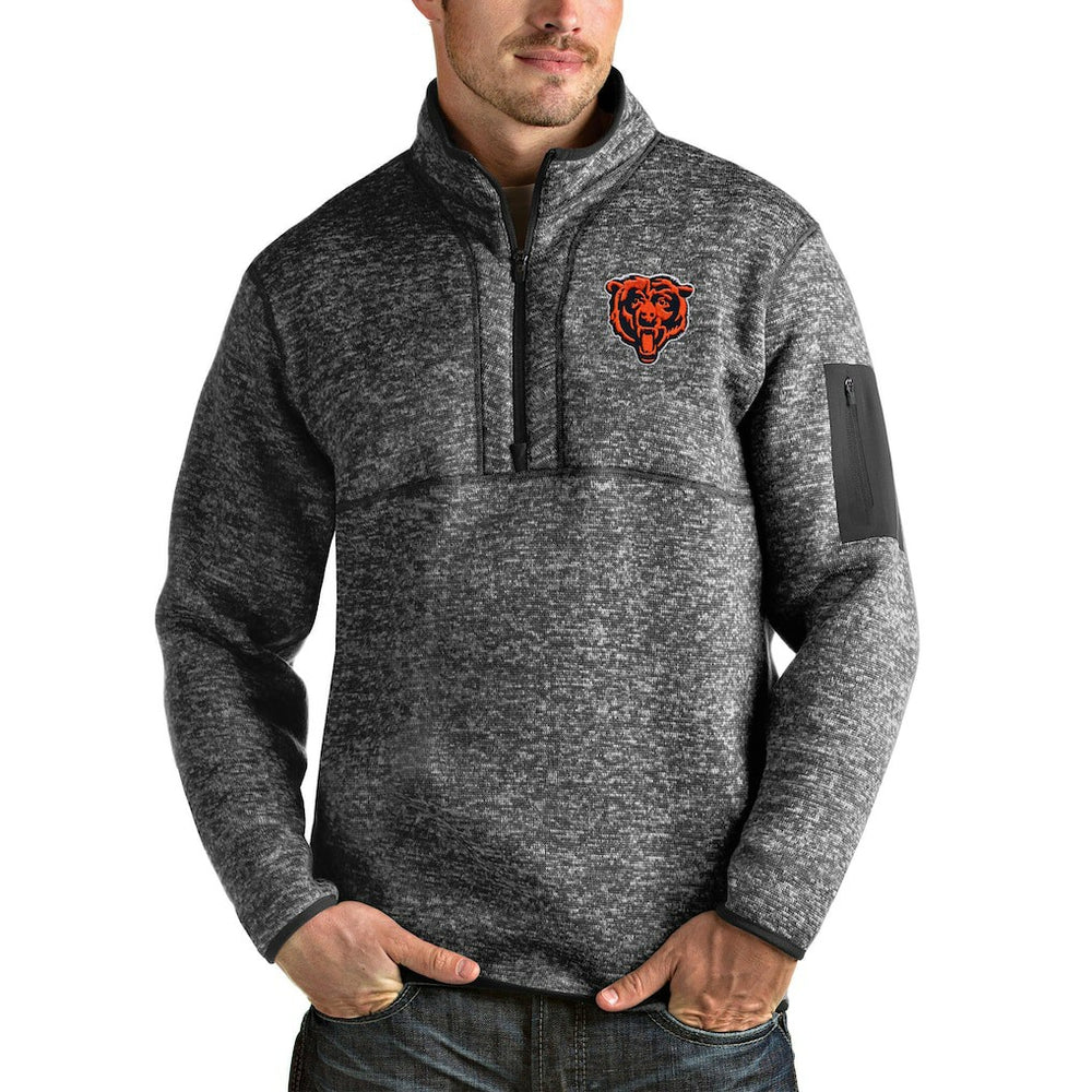 Chicago Bears Antigua Bear Head Fortune Quarter-Zip Pullover Jacket Heathered Charcoal - NFL