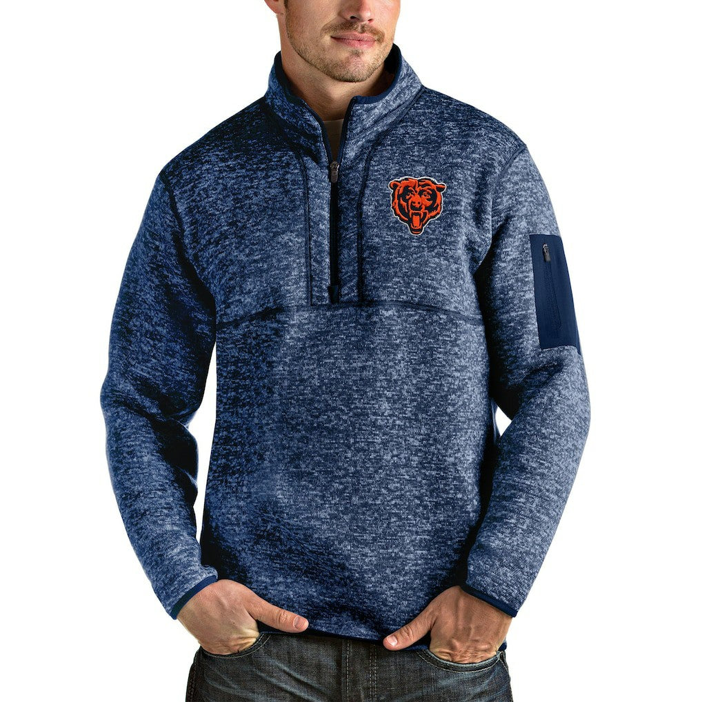 Chicago Bears Antigua Bear Head Fortune Quarter-Zip Pullover Jacket Heather Navy - NFL