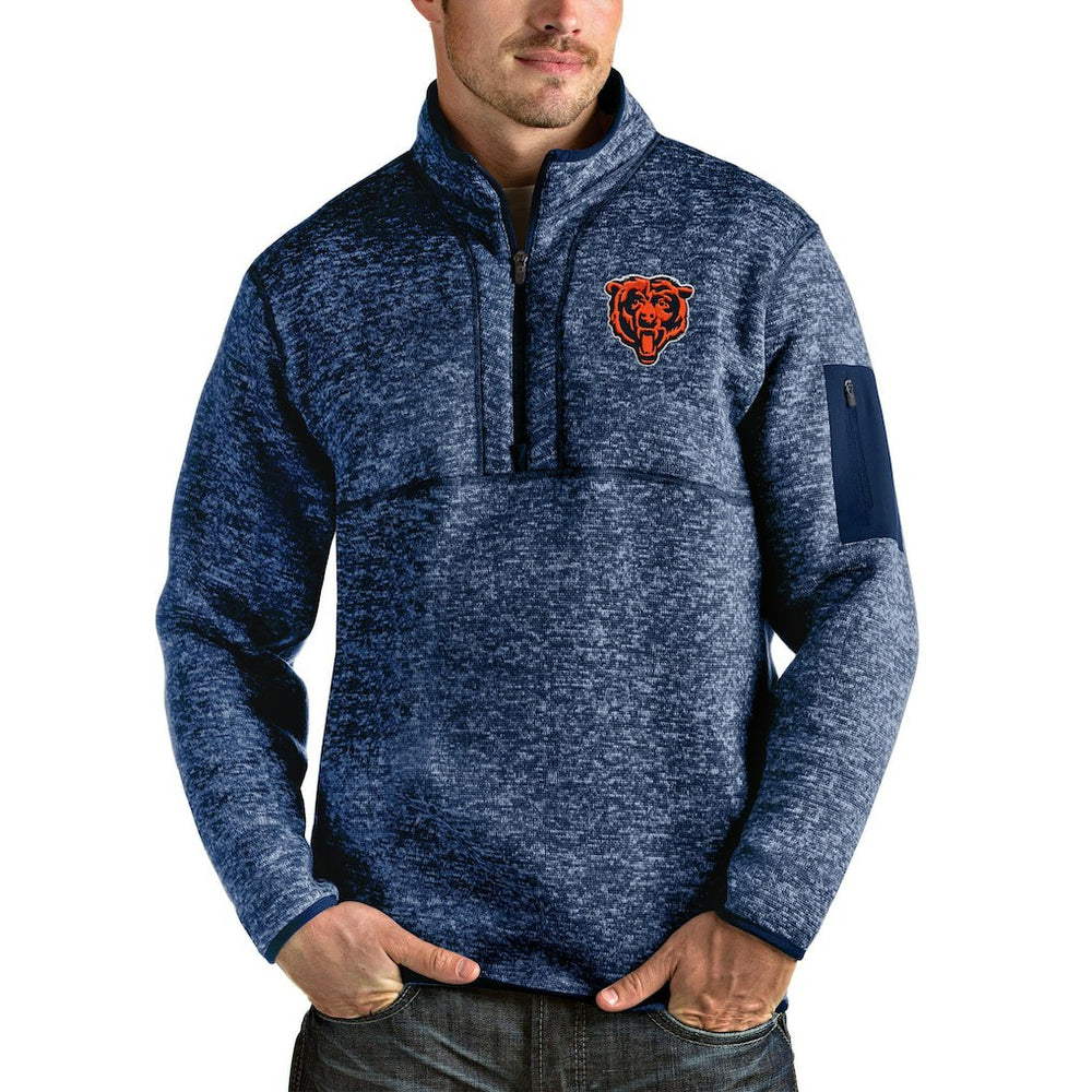 Chicago Bears Antigua Bear Head Fortune Quarter-Zip Pullover Jacket Heather Navy - NFL