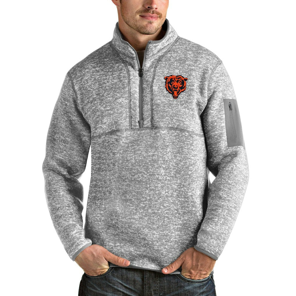 Chicago Bears Antigua Bear Head Fortune Quarter-Zip Pullover Jacket Heather Gray - NFL