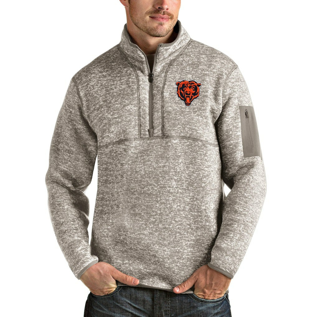 Chicago Bears Antigua Bear Head Fortune Quarter-Zip Pullover Jacket Oatmeal - NFL