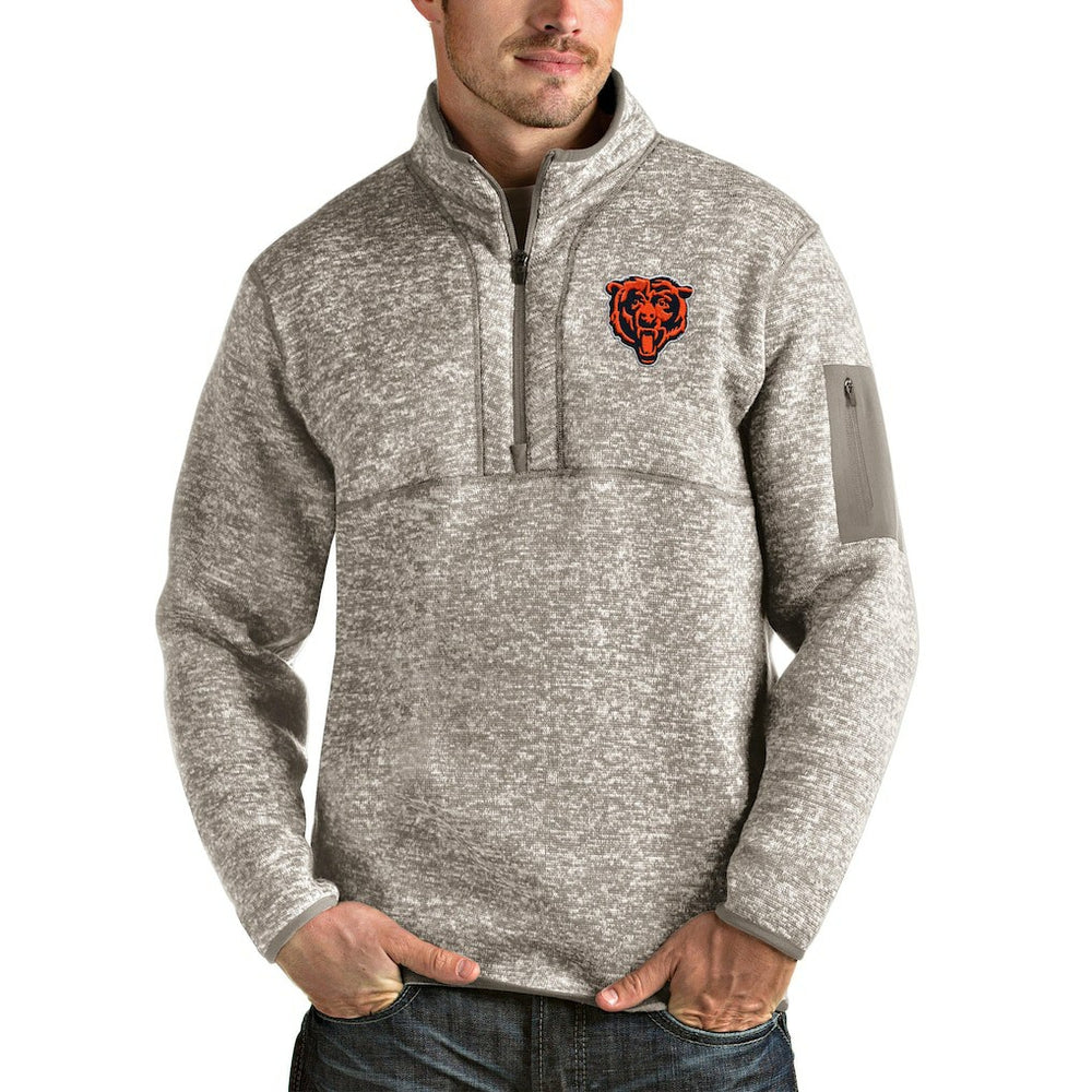 Chicago Bears Antigua Bear Head Fortune Quarter-Zip Pullover Jacket Oatmeal - NFL