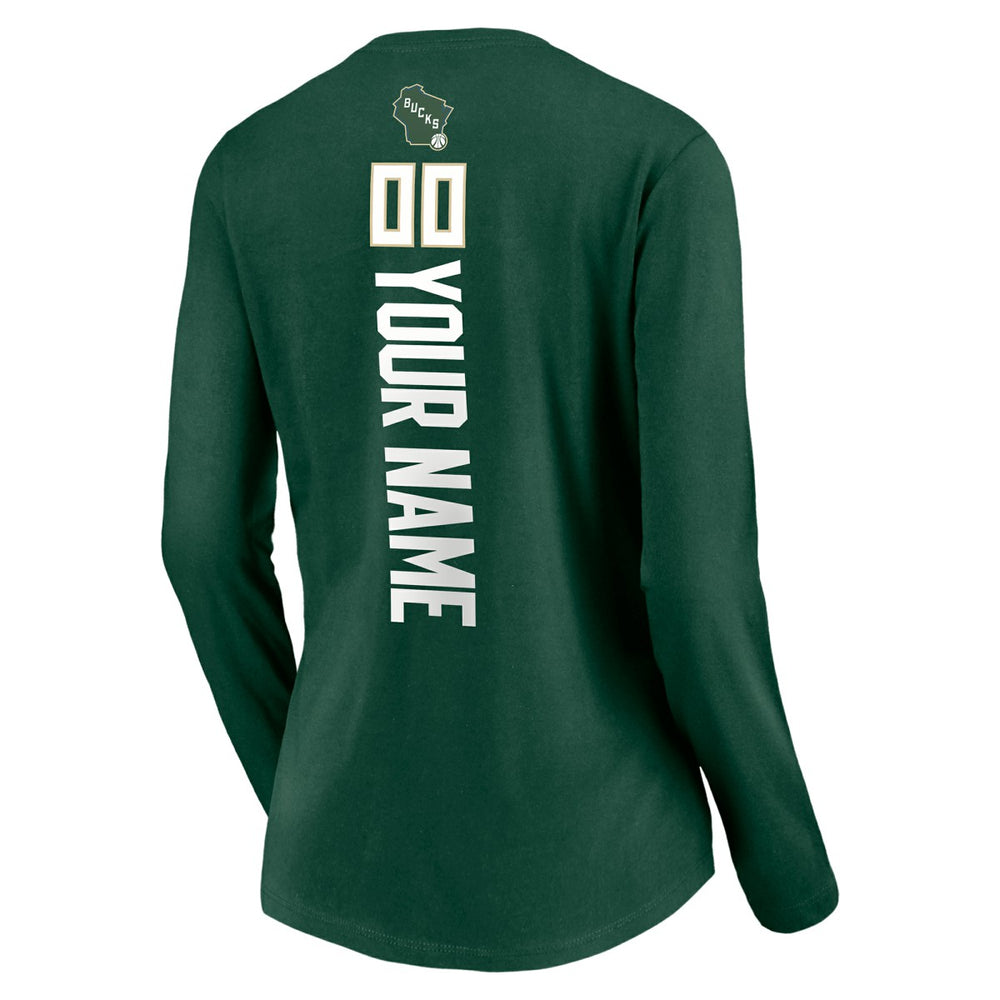 NBA - Milwaukee Bucks Women's Playmaker Personalized Name & Number Long Sleeve V-Neck T-Shirt - Hunter Green