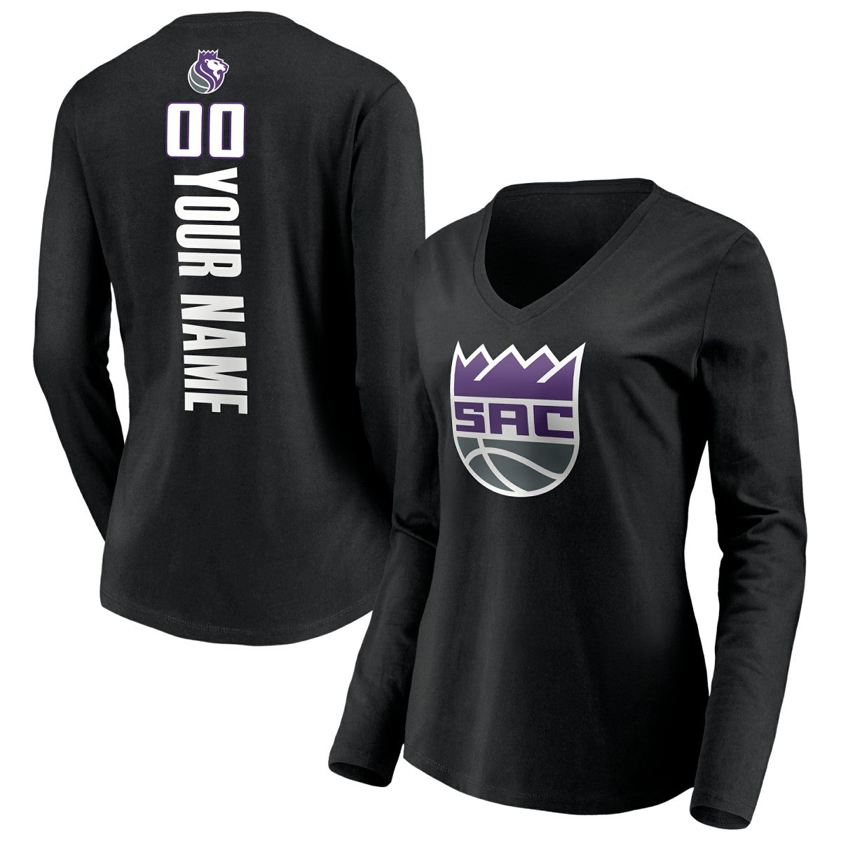 NBA - Sacramento Kings Women's Playmaker Personalized Name & Number Long Sleeve V-Neck T-Shirt - Black