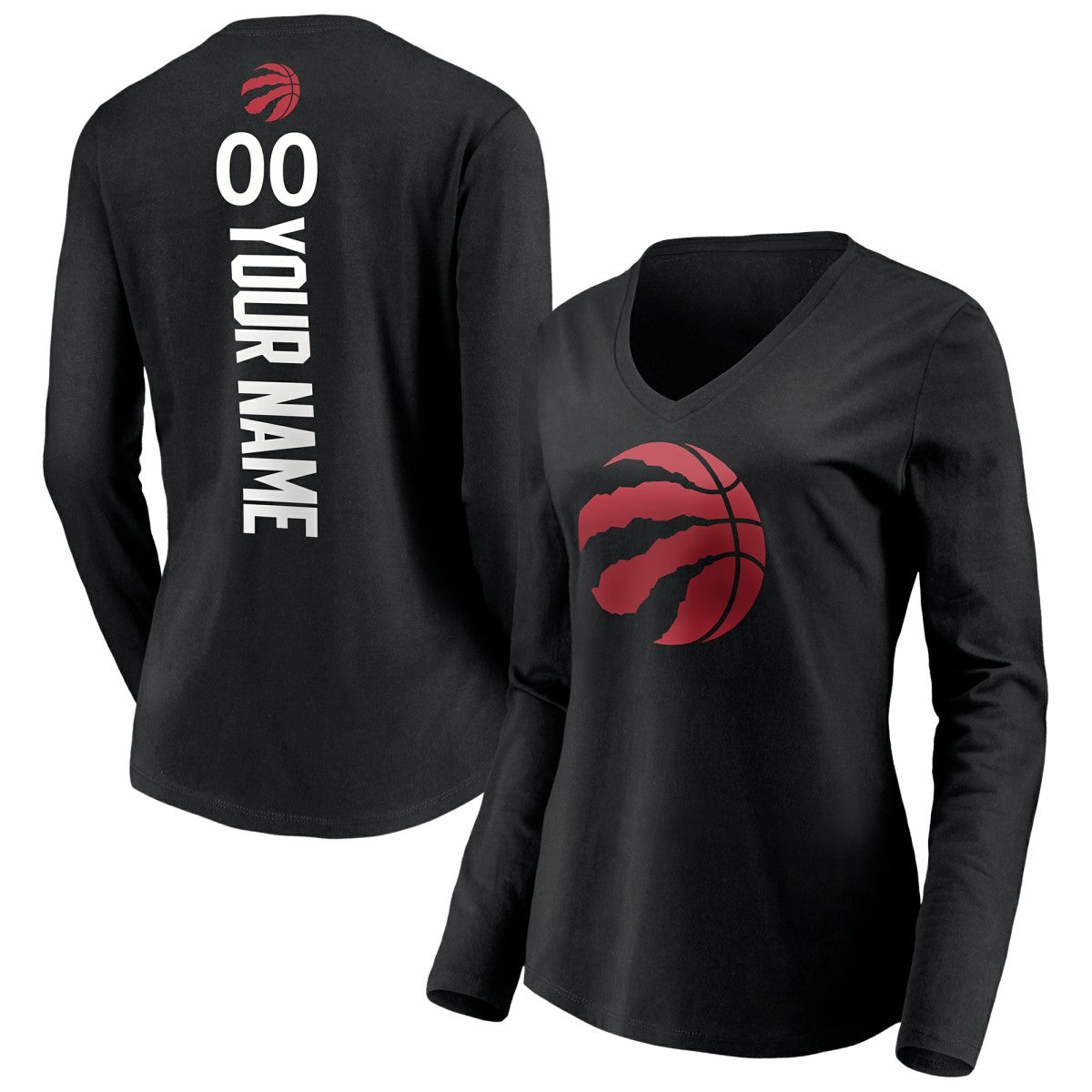 NBA - Toronto Raptors Women's Playmaker Personalized Name & Number Long Sleeve V-Neck T-Shirt - Black