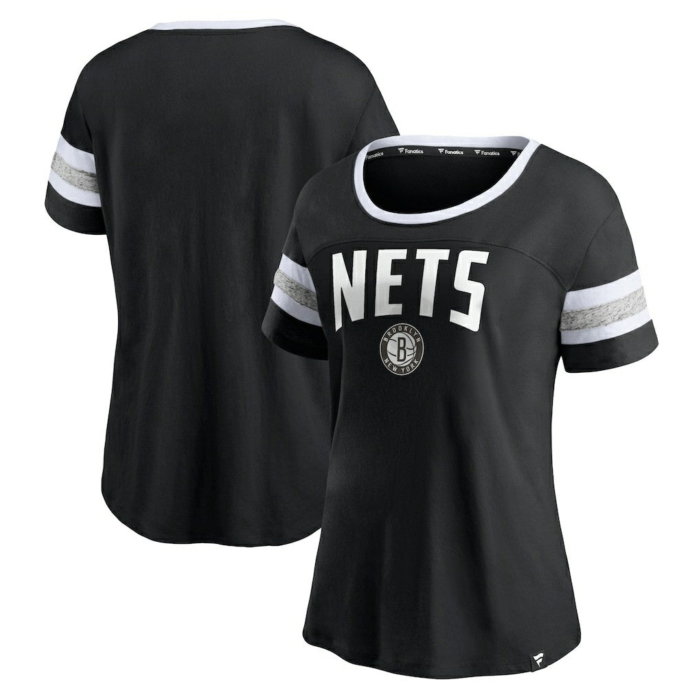 Fanatics - Brooklyn Nets Women's Block Party Striped Sleeve T-Shirt - Black/Heathered Gray