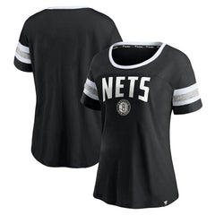 Fanatics - Brooklyn Nets Women's Block Party Striped Sleeve T-Shirt - Black/Heathered Gray