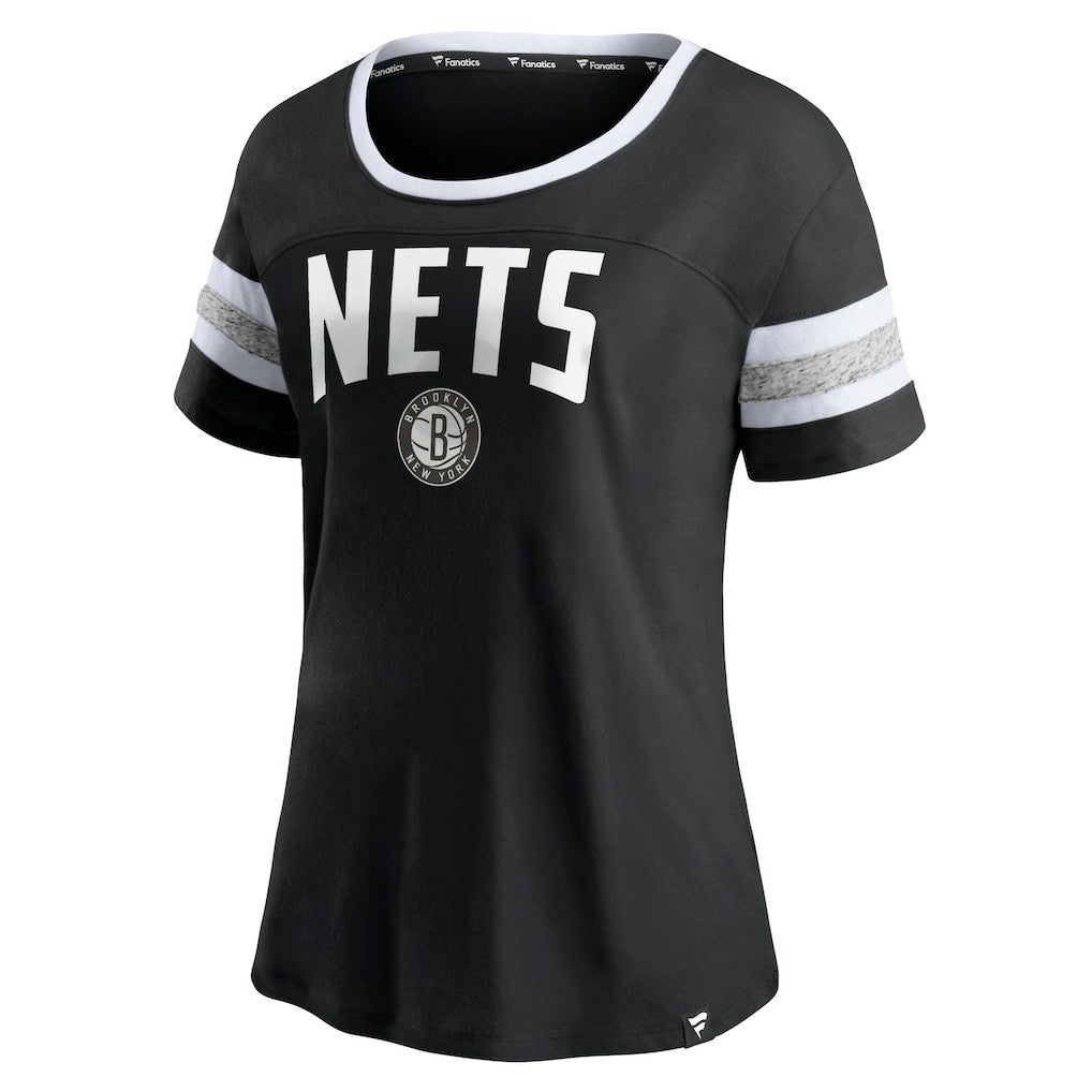 Fanatics - Brooklyn Nets Women's Block Party Striped Sleeve T-Shirt - Black/Heathered Gray