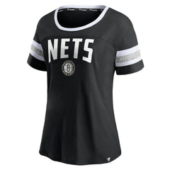 Fanatics - Brooklyn Nets Women's Block Party Striped Sleeve T-Shirt - Black/Heathered Gray