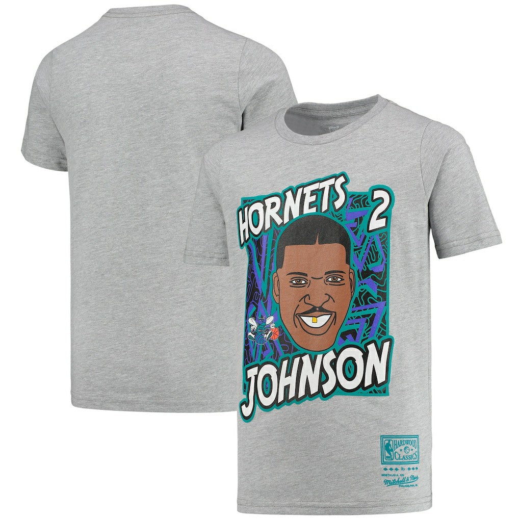 Mitchell & Ness - Larry Johnson Charlotte Hornets Youth Hardwood Classics King of the Court Player T-Shirt - Gray