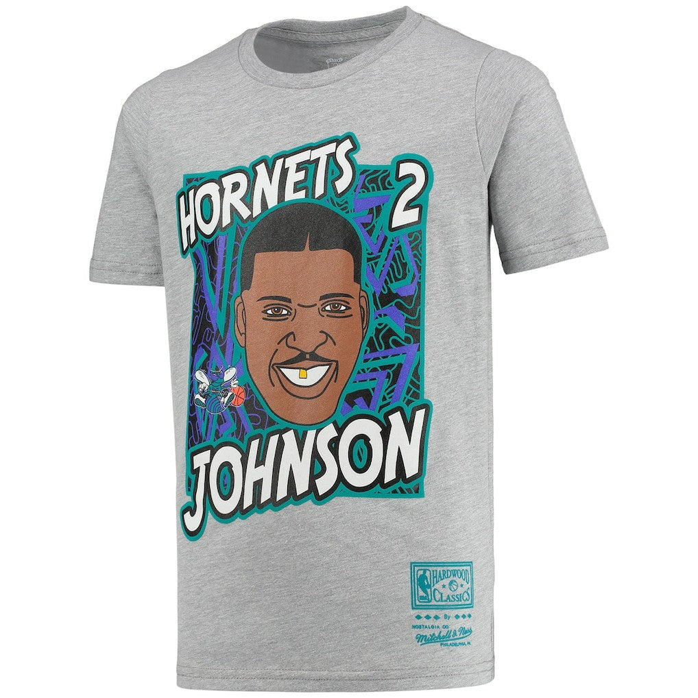 Mitchell & Ness - Larry Johnson Charlotte Hornets Youth Hardwood Classics King of the Court Player T-Shirt - Gray